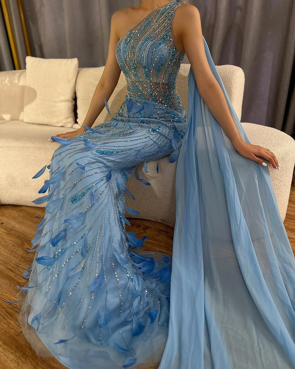 Green One-Shoulder Beaded Feathers Evening Gown with Side Cape Shawl LA72698
