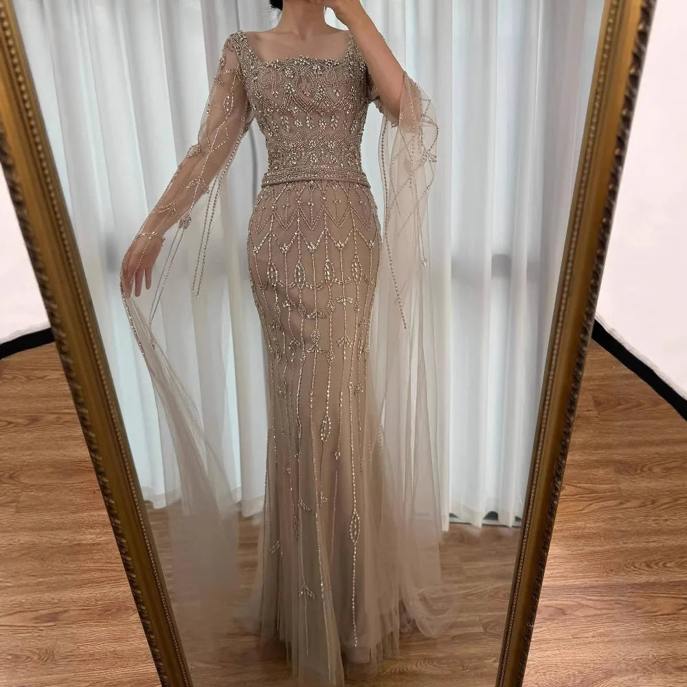 Luxury Arabic Caramel Beaded Evening Dress with Cape Sleeves LA72966A