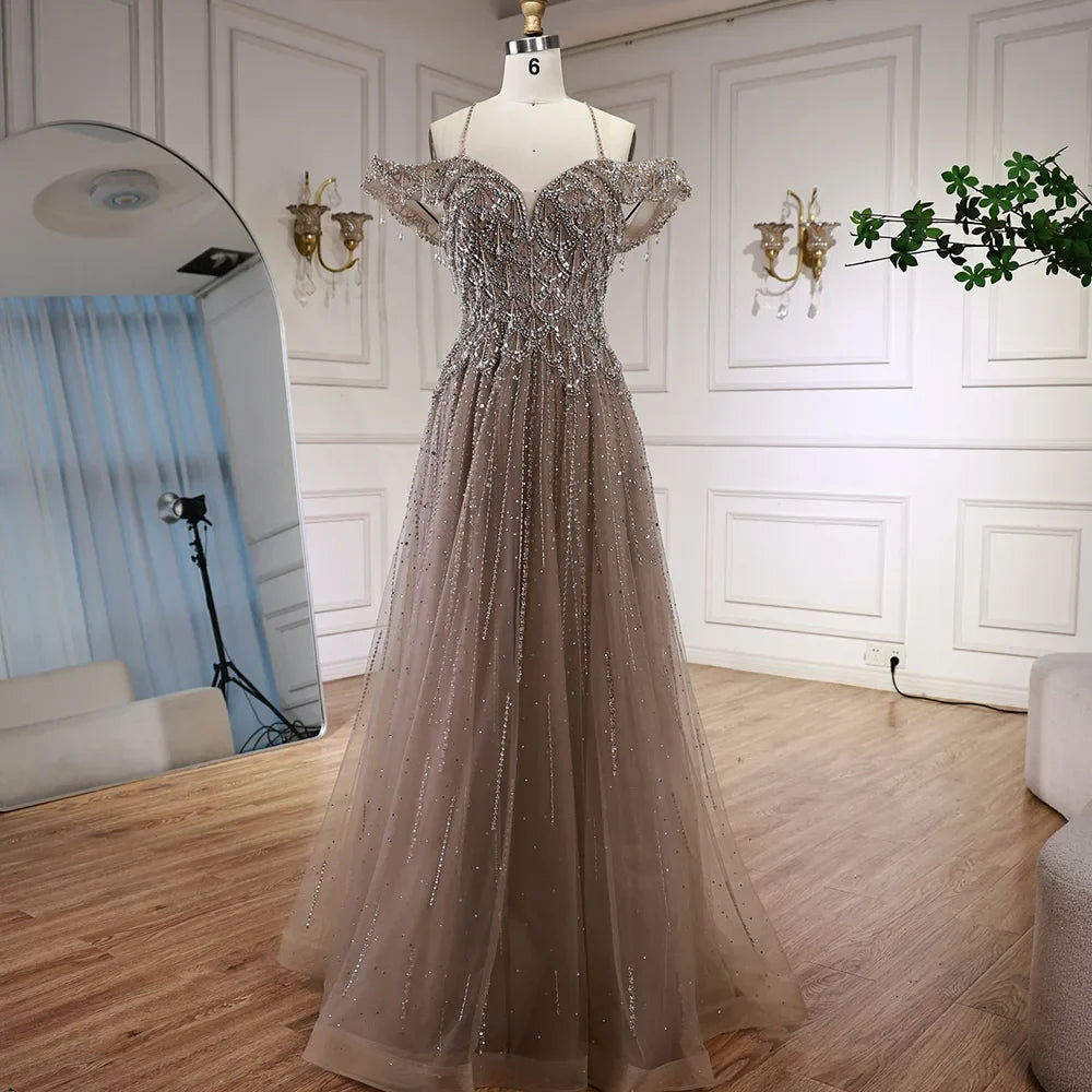 Elegant Nude Beaded Evening Dress with Cape Sleeves LA72317C