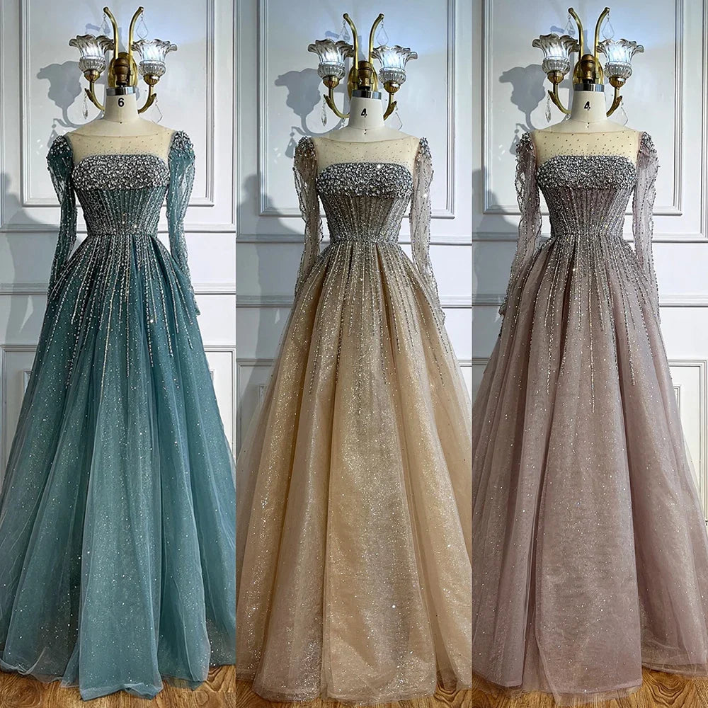 Luxury Caramel Sparkly A-Line Evening Dress with Long Sleeves LA72991