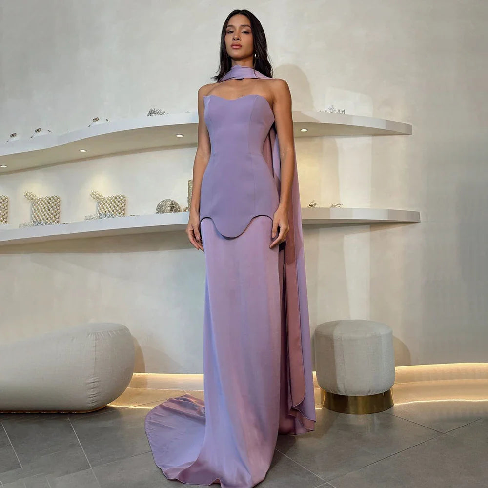 Luxury Dubai Arabic Purple Mermaid Satin Evening Dresses Gowns with Long Cape for Formal Occasion LA72813