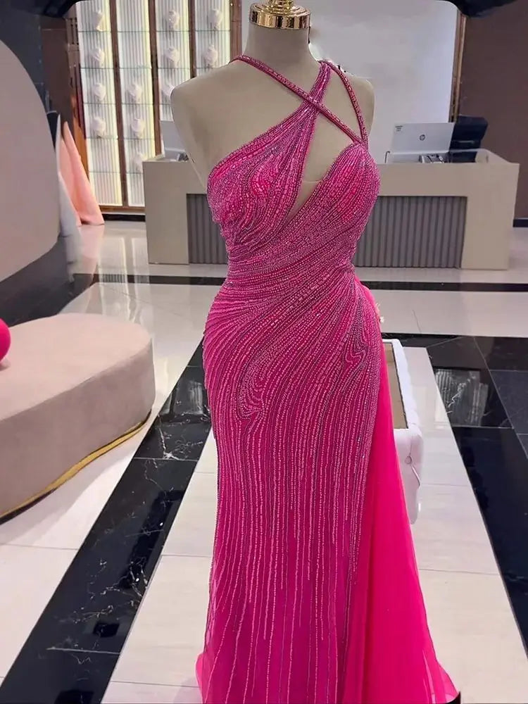 Fuchsia One Shoulder Beaded Mermaid Evening Dress with Overskirt LA73105
