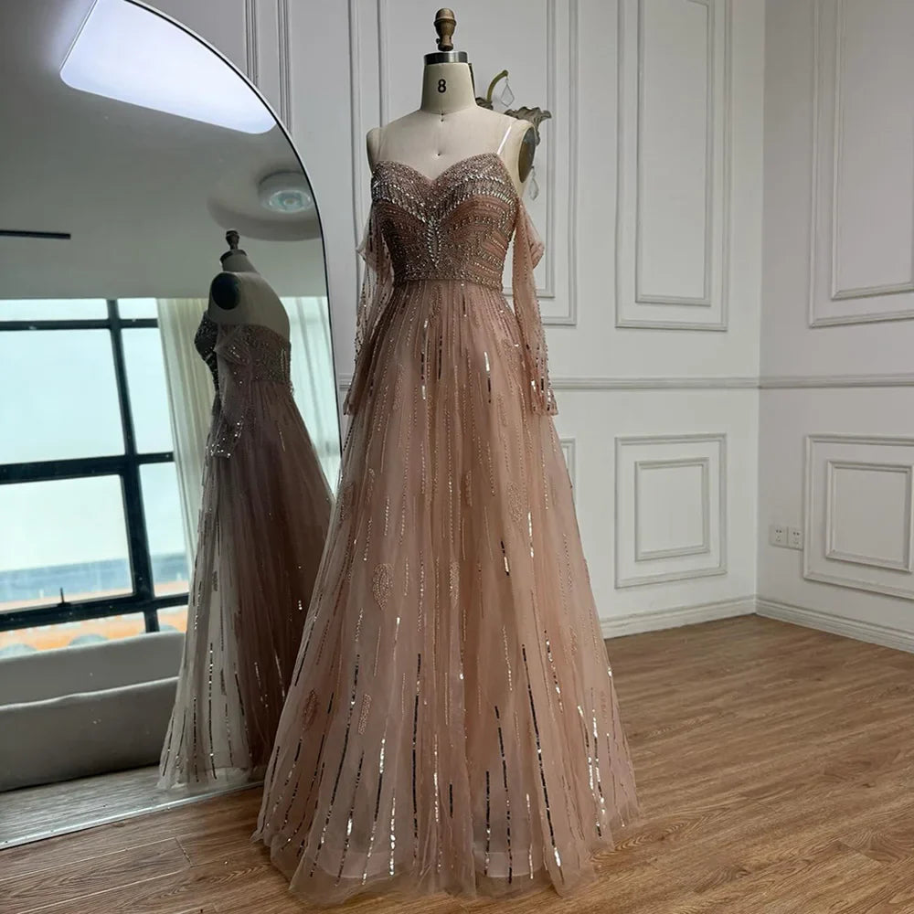 Luxury Caramel Crystal Beaded Strapless Long Sleeve Mermaid Evening Dress LA73130