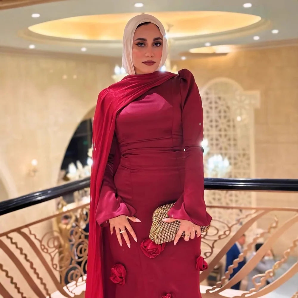 Modest Wine Red 3D Flower Mermaid Evening Dress LA72954A