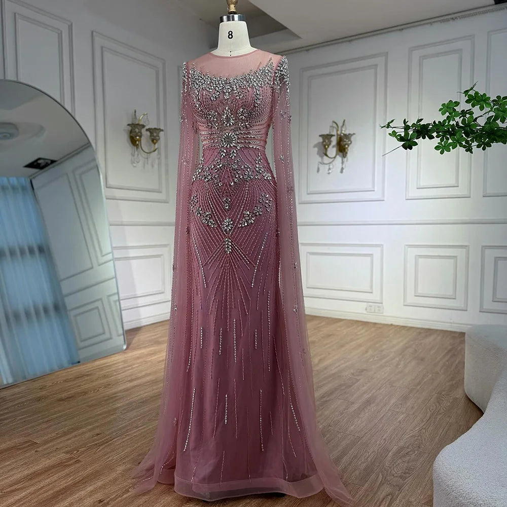 Luxury Pink Saudi Arabic Crystal Beaded Mermaid Evening Dress with Cape Sleeves LA73137