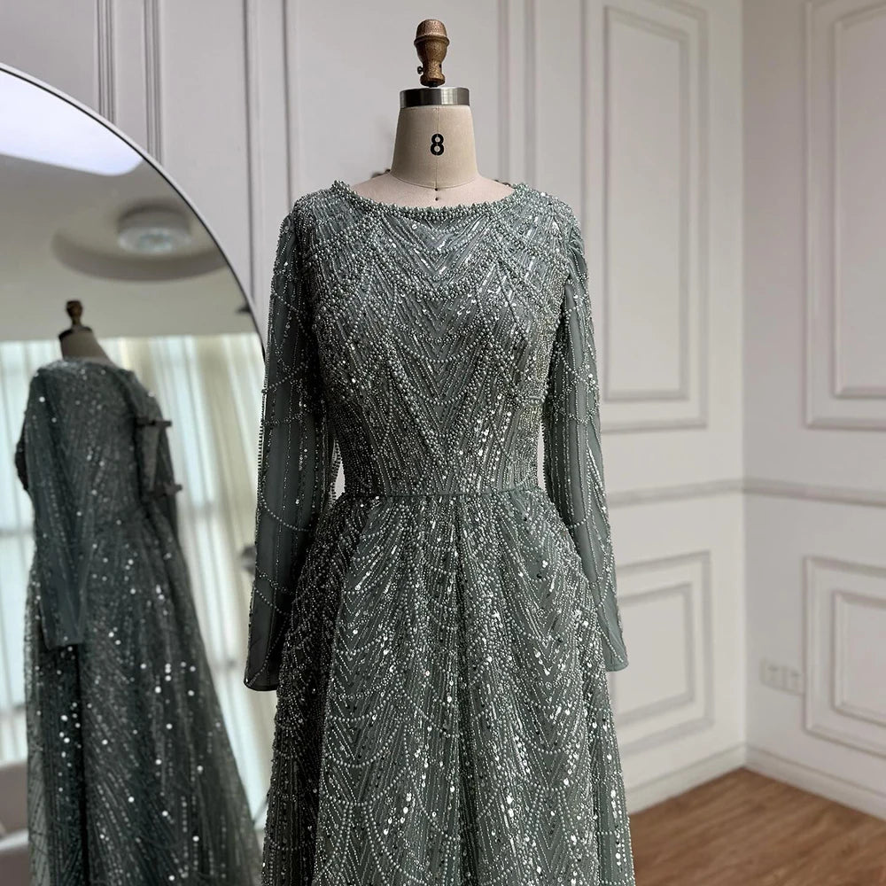 Luxury Olive Green Beaded A-Line Modest Evening Dress LA72738B