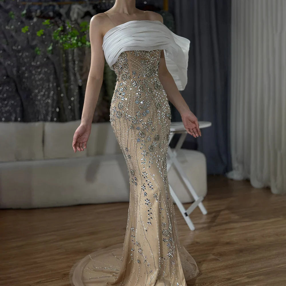 Luxury Dubai Nude One Shoulder Split Saudi Arabic Evening Gown Beaded Dress for Formal Occasion LA72746