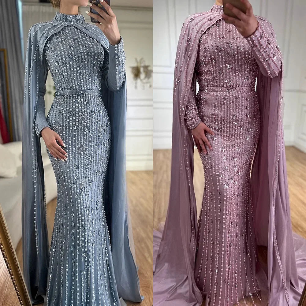 Modest Blue Muslim Beaded Evening Gown with Cape Sleeves LA72533