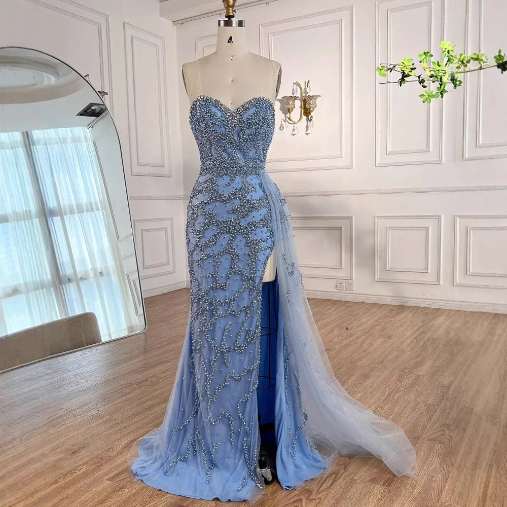 Luxury Dubai Saudi Arabic Blue Beaded Evening Gown Formal Slit LA72877