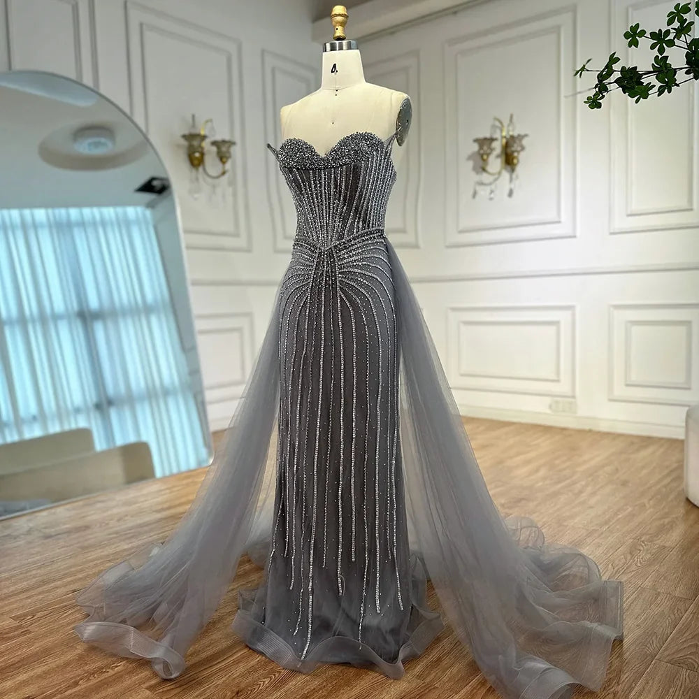 Strapless Pink Pearls Beaded Arabic Mermaid Evening Dress with Overskirt LA72811B