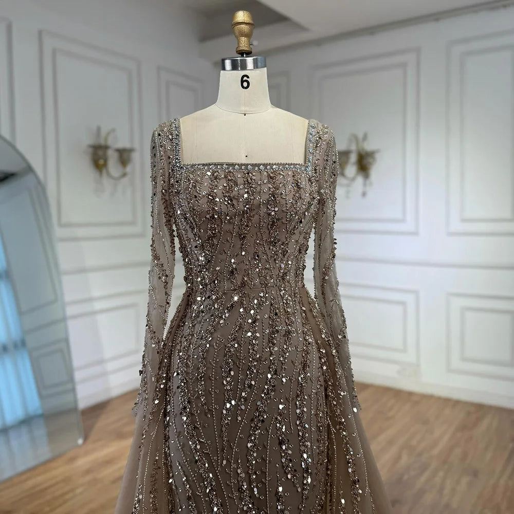 Luxury Arabic Caramel Beaded Mermaid Evening Dress with Overskirt LA72710A