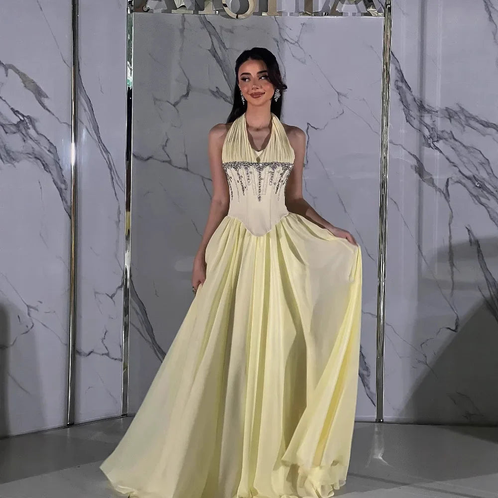Elegant Classy Yellow Chiffon Halter Beaded Ball Gown LA73074