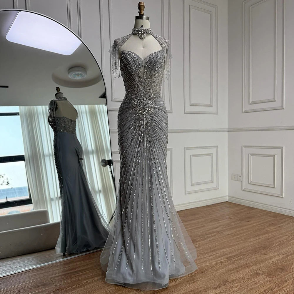 Luxury Nude Beaded Mermaid Evening Dress with Overskirt LA73182
