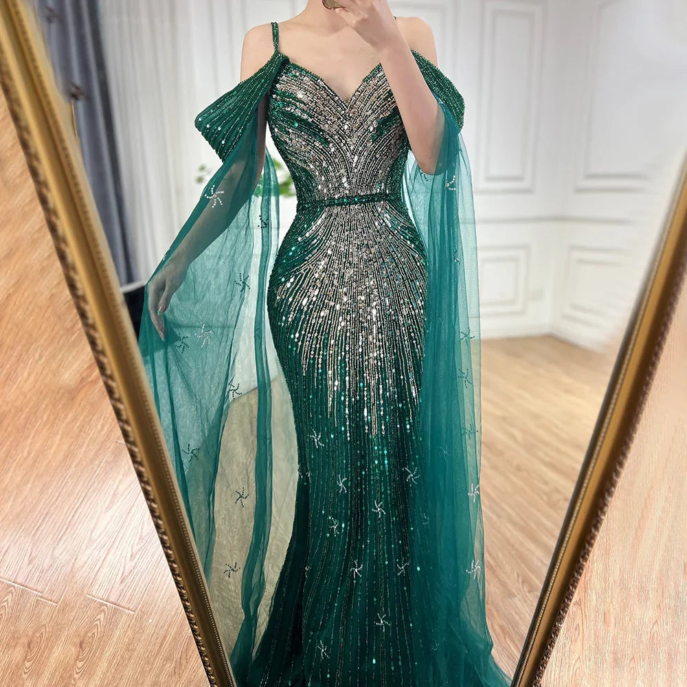 Serene Hill Spaghetti Strap Blue Mermaid Beaded Luxury Evening Dress with Cape Sleeves for Formal Occasion Saudi LA72707