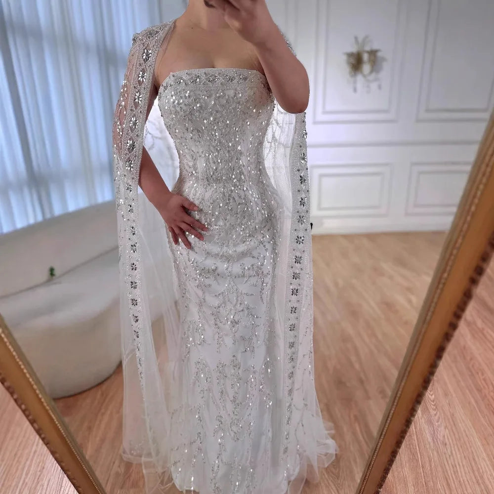 Luxury White Dubai Arabia Beading Evening Dress With Cape LA72870