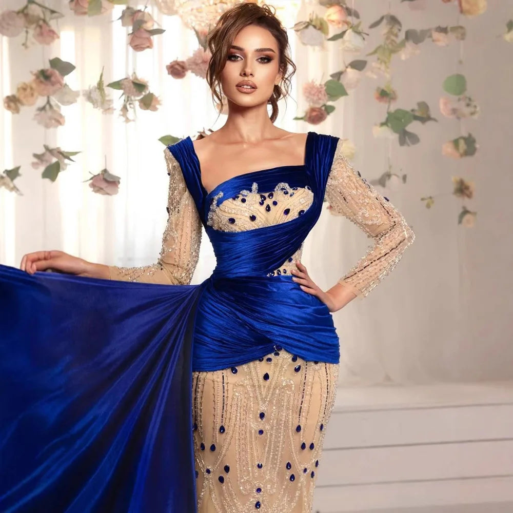 Luxury Royal Blue Velvet Beaded Mermaid Evening Dress LA72988