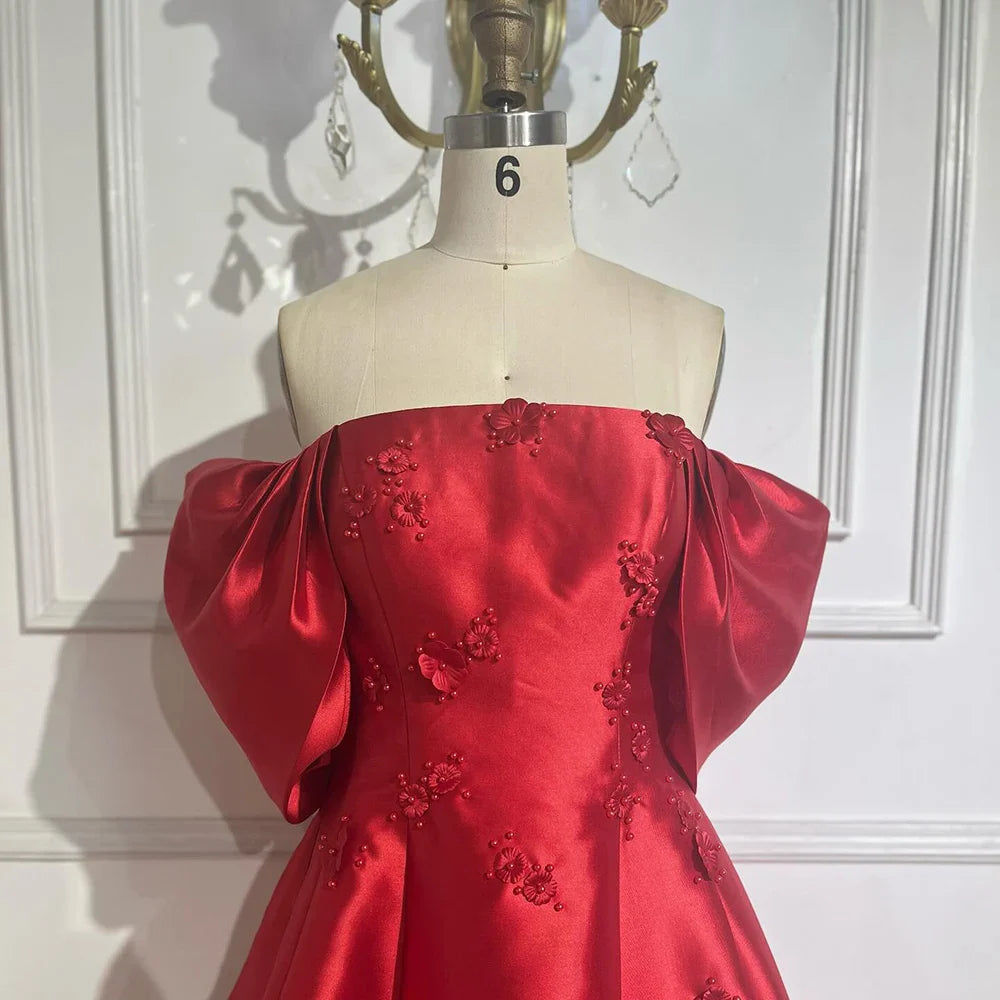 Luxury Dubai Saudi Arabia Elegant Off-Shoulder Wine Red A Line Evening Dress with Appliques Gown for Formal Occasion LA72778