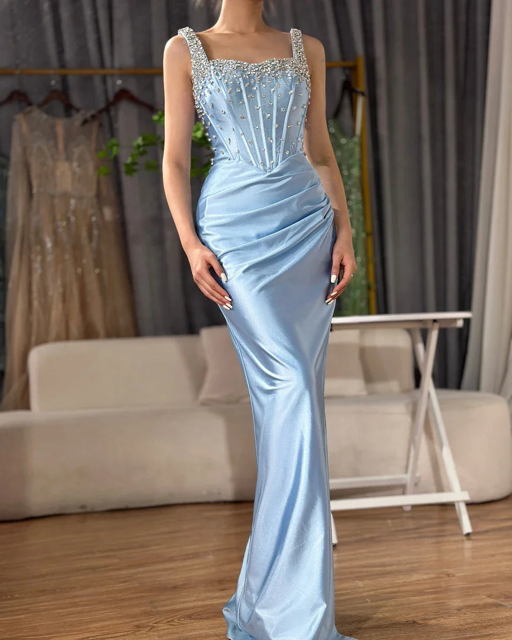 Luxury Dubai Saudi Blue Crystal Beaded Spaghetti Strap Mermaid Evening Dress Gown with Split for Formal Occasion LA72739