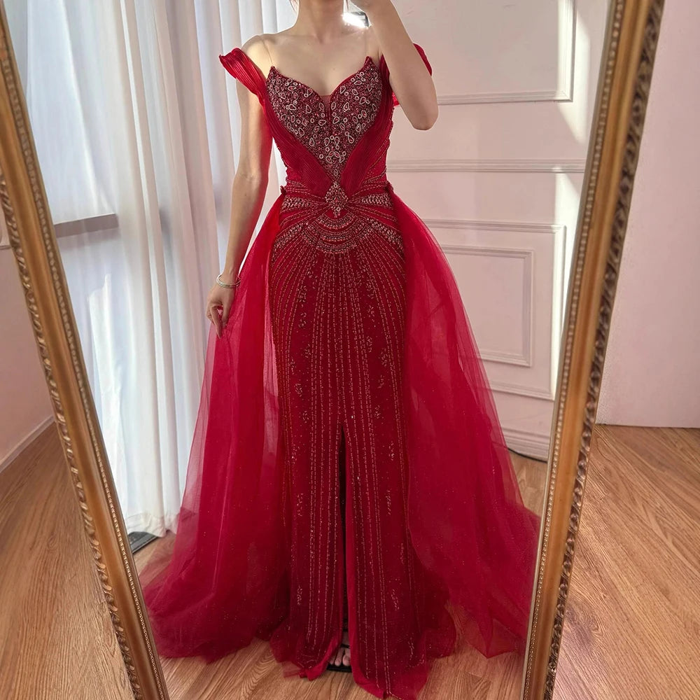 Luxury Nude Beaded Mermaid Evening Dress with Overskirt and Slit LA73034