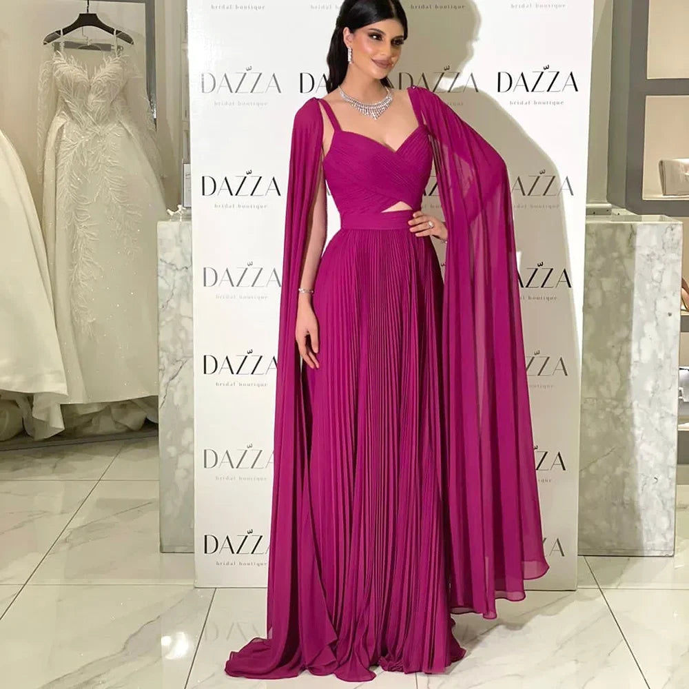 Luxury Fuchsia Chiffon Evening Dress with Cape Sleeves LA73021