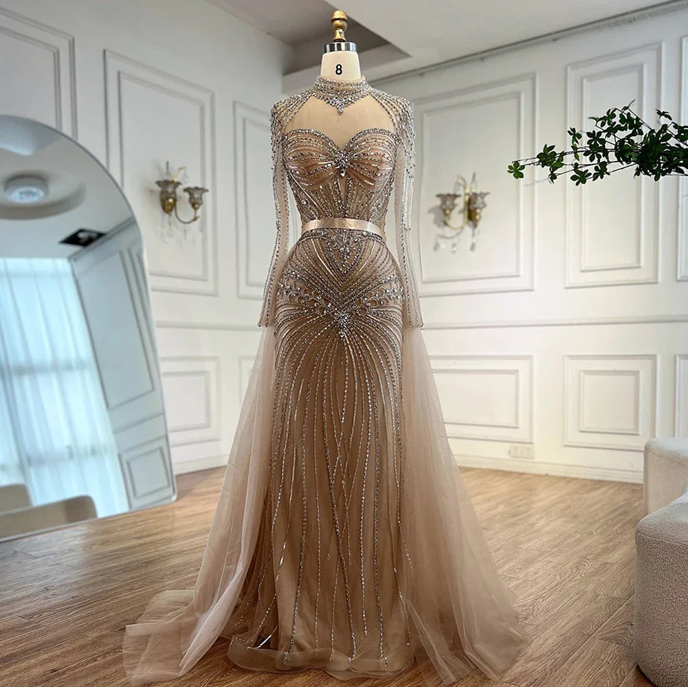Luxury Nude Modest Beaded Evening Dress Long Sleeves With Overskirt LA72990