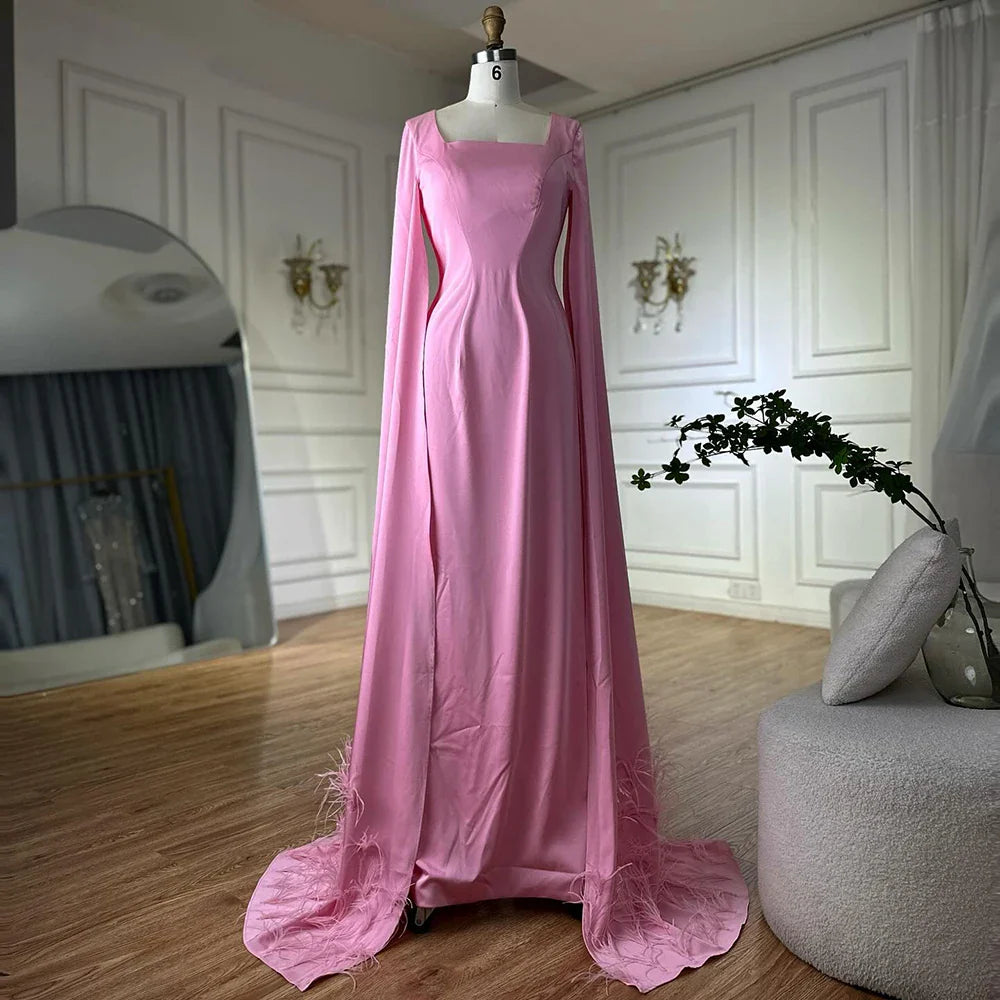 Luxury Arabic Pink Mermaid Evening Dress with Feather Cape LA72855