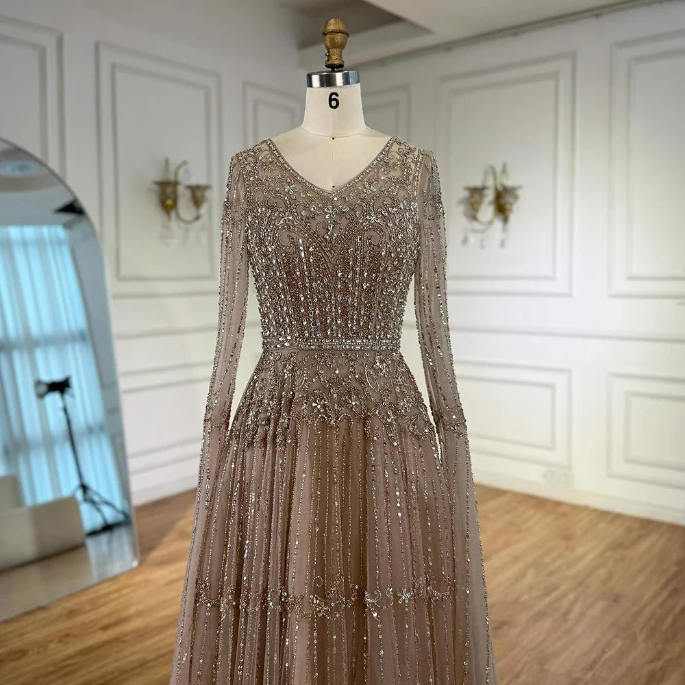 Elegant A-Line Beaded Evening Dress with Cape Sleeves LA73075