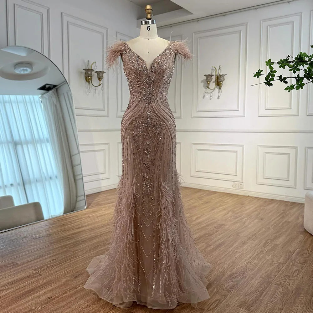 Luxury Designer Pink Feather Beaded Mermaid Evening Dress LA73098