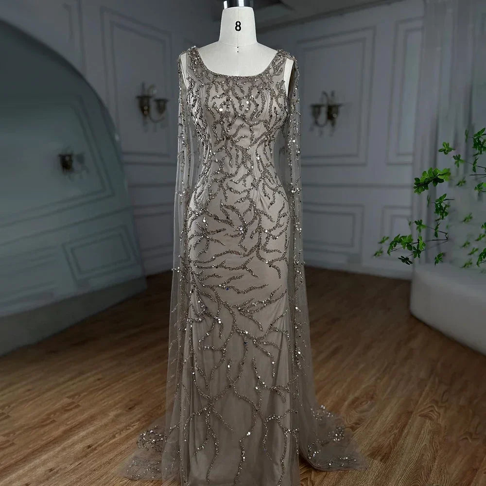 Caramel Mermaid Beaded Evening Dress with Cape Sleeves LA72149