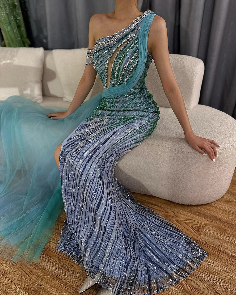 Luxury Dubai Arabic One-Shoulder High Split Blue Mermaid Gown Luxury Beaded Saudi Evening Dress for Formal Occasion LA72718