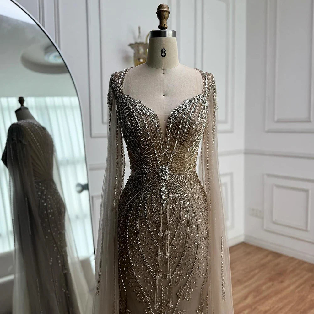Luxury Designer Beige Beaded Evening Dress with Cape Sleeves LA72992