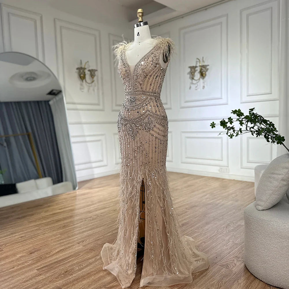Luxury Dubai Arabic Blue Elegant Split Mermaid Beaded Feathers Long Evening Dresses Gowns for Formal Occasion LA72742