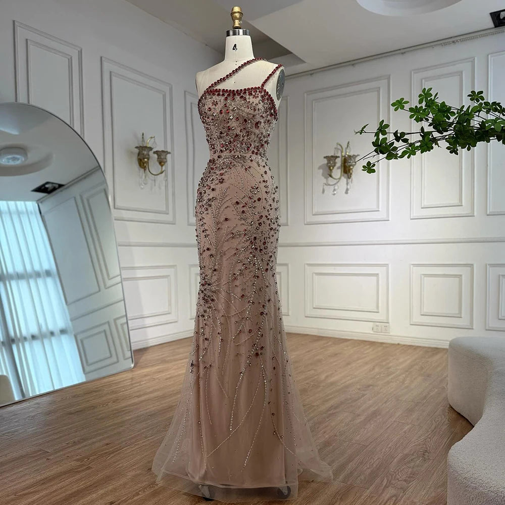 Luxury Red Saudi Arabic Crystal Beaded One Shoulder Evening Dress LA73135