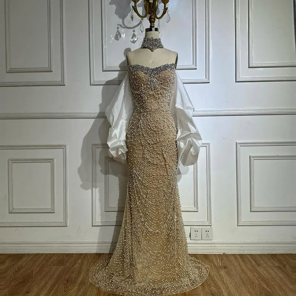 Luxury White Nude Beaded Mermaid Evening Dress LA72802