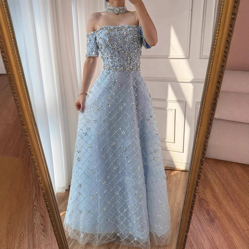 Luxury Nude Sliver Off Shoulder Beaded Crystal A-Line Evening Dress LA73122