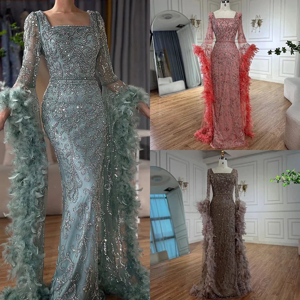 Luxuriöses Dubai-Abendkleid mit ausgestellten Ärmeln, Meerjungfrau-Stil, türkisfarbenen Perlen und Federn, für formelle Anlässe, LA72767