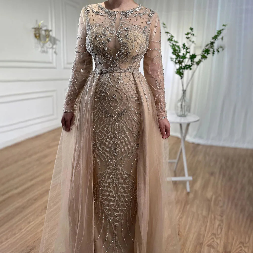 Serene Hill Muslim Silver Nude Mermaid Gown with Detachable Overskirt Beaded Evening Dress for Women Wedding Party LA71919