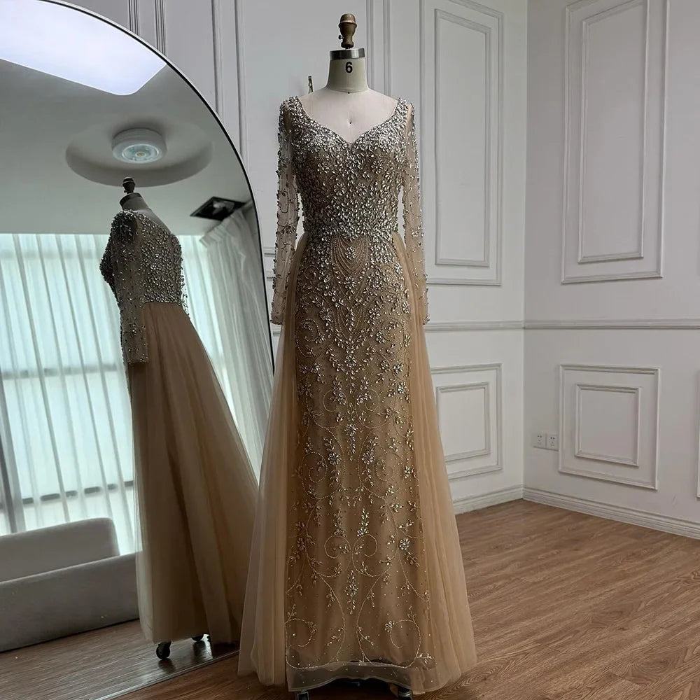 Luxury Nude Beaded Mermaid Evening Dress with Overskirt LA73042A