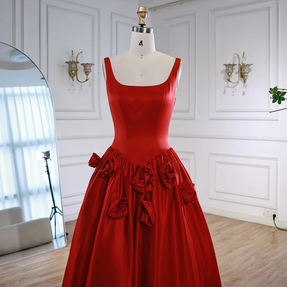 Red A Line Evening Dress 3D Flowers Sleeveless Backless Gown LA73035