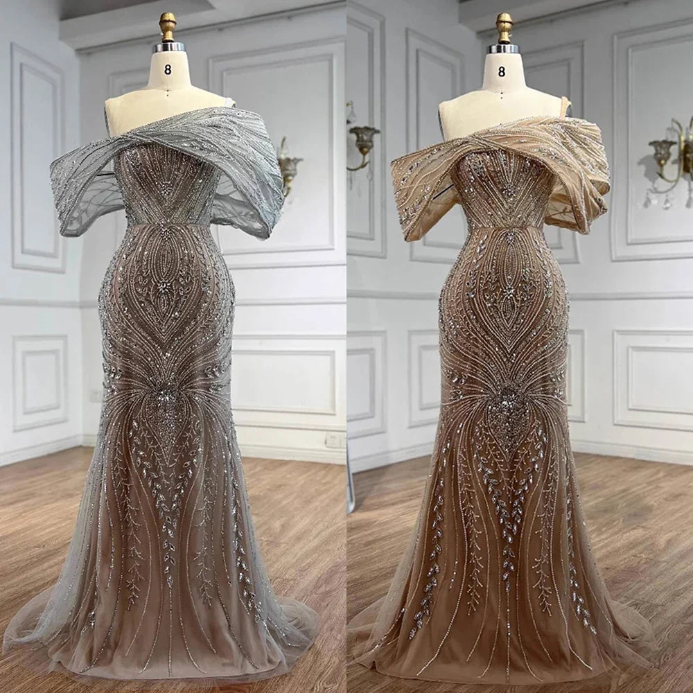 Luxury Silver Nude Off Shoulder Mermaid Evening Dress LA72878