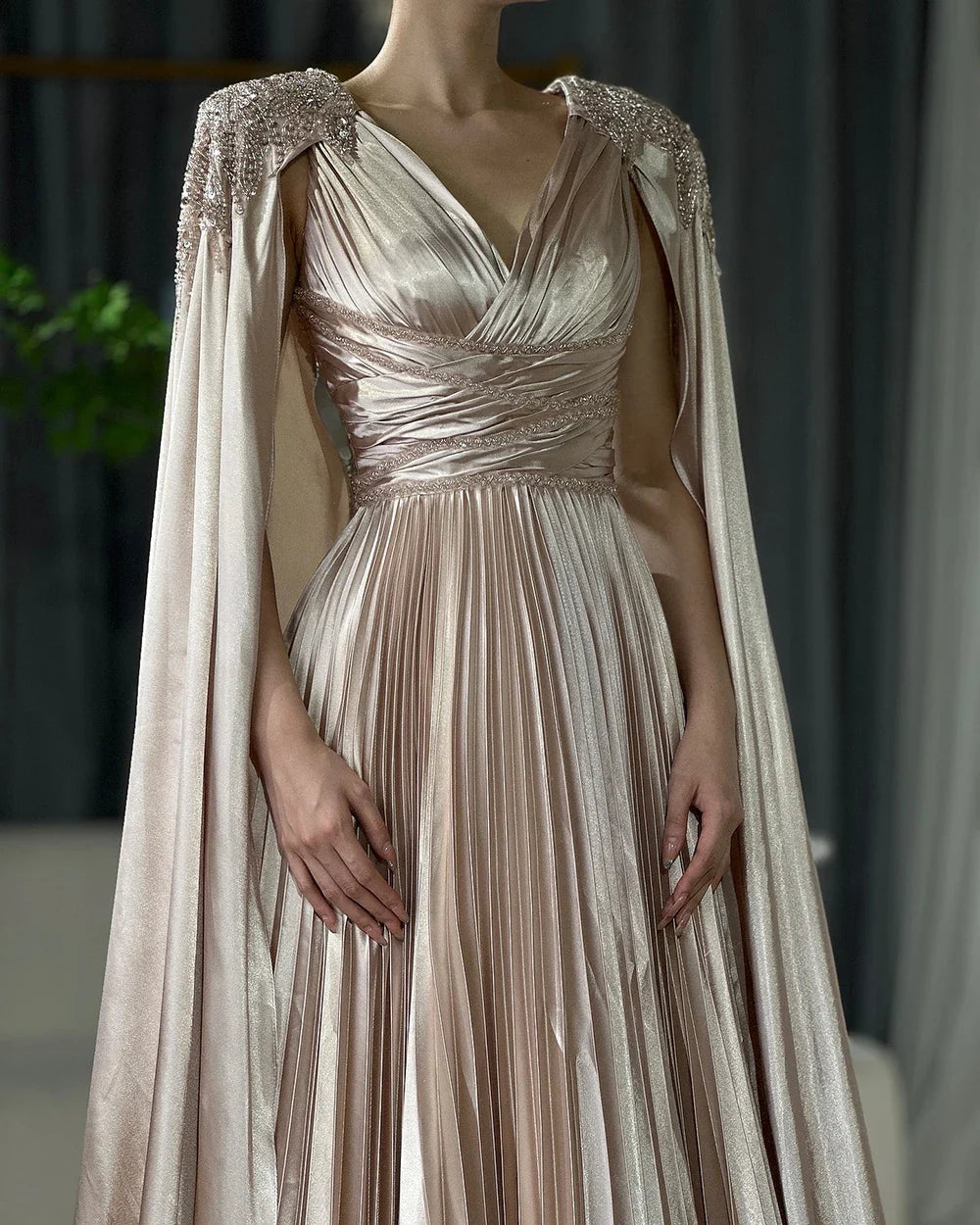Rose Gold Beaded Satin A-Line Evening Dress with Cape Sleeves LA72663