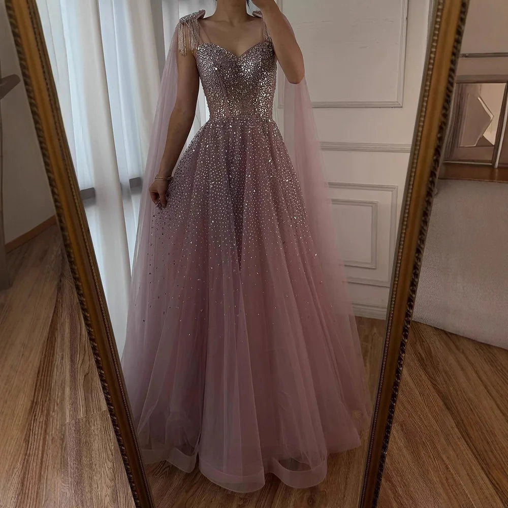 Luxury Pink Tulle Beaded A-Line Evening Dress with Cape Sleeves LA73072