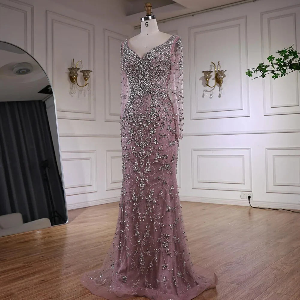 Luxury Nude Beaded Crystal Evening Dress with Long Sleeves LA73042