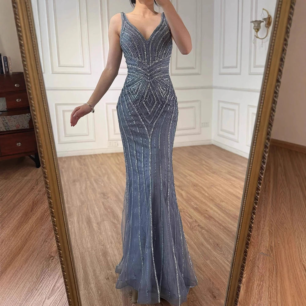 V Neck Beaded Sleeveless Mermaid Evening Dress LA73013