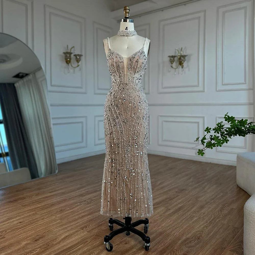 White Nude Beaded Evening Dress with Spaghetti Straps LA72047D