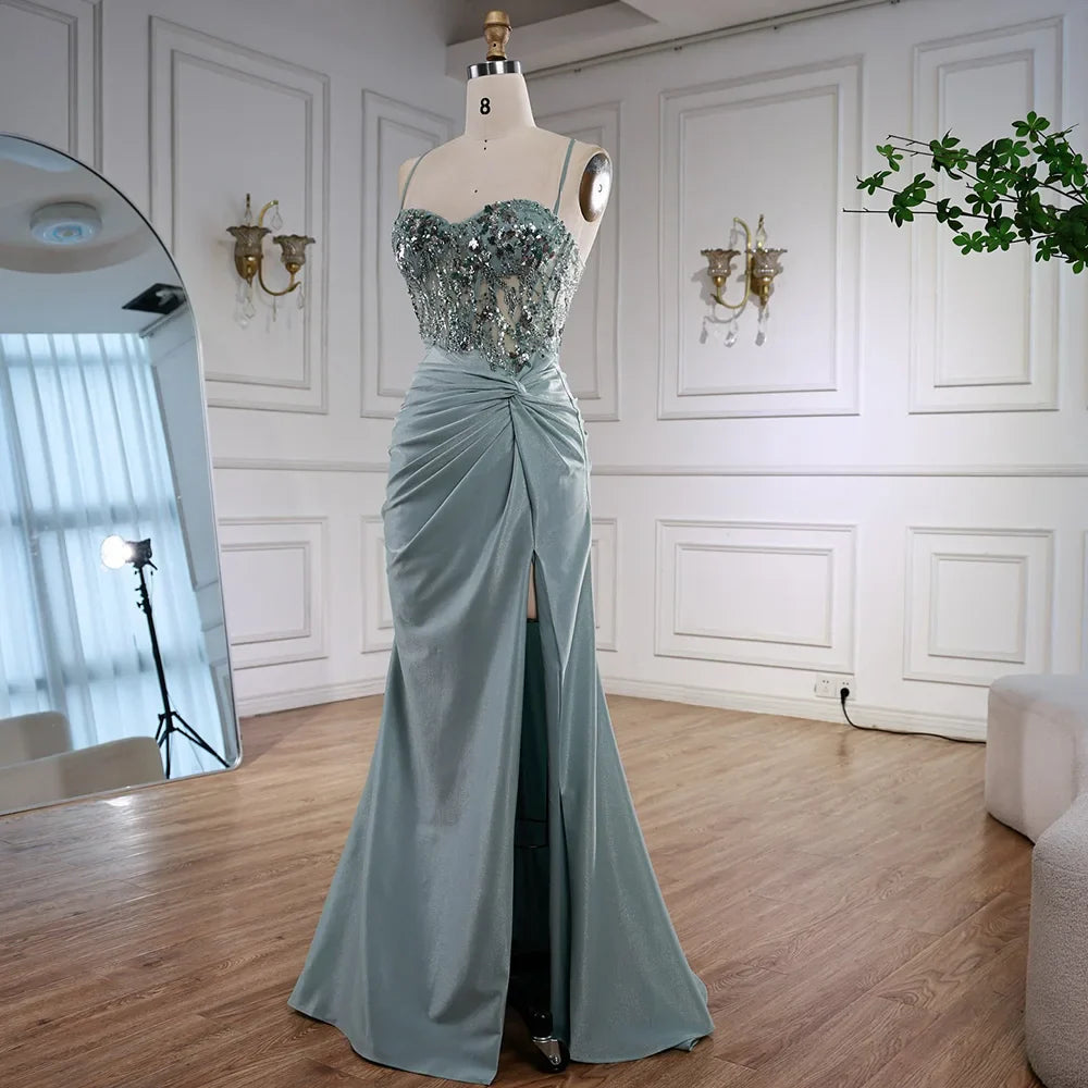 Classy Light Green Satin Prom Dress with Lace and Slit LA73032A