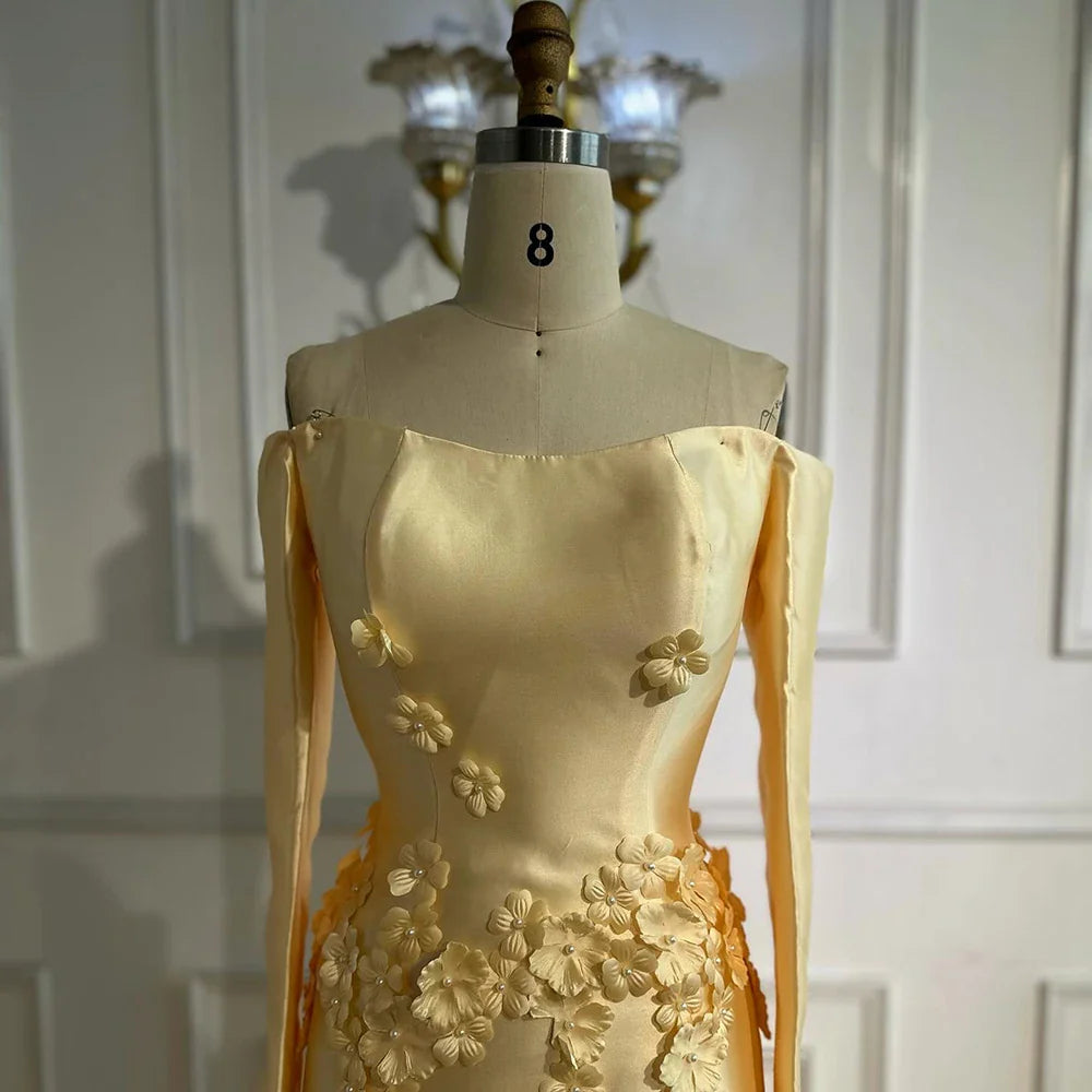Luxury Dubai Arabia Yellow A-Line Satin Appliques Evening Dresses Gowns for Formal Occasion LA72833