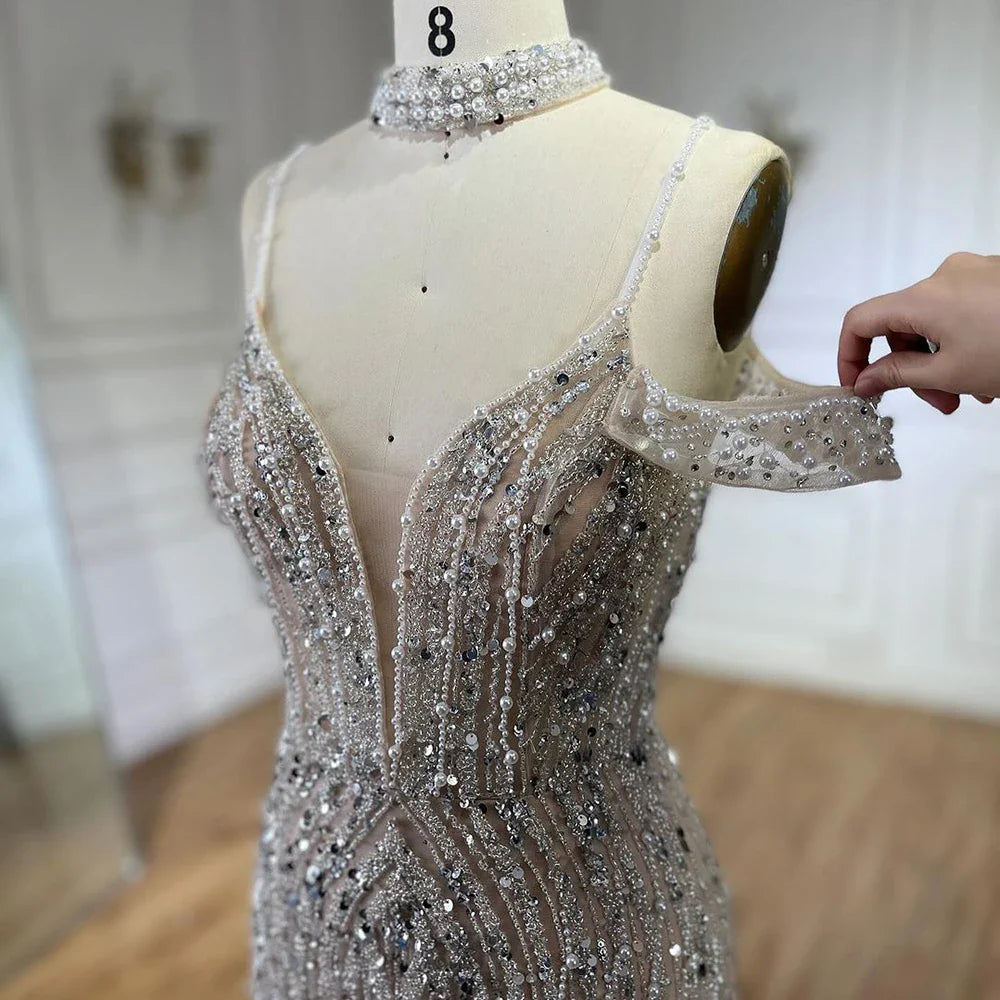 Luxury Silver Nude Beaded Evening Dress with Spaghetti Straps and High Slit LA72047C
