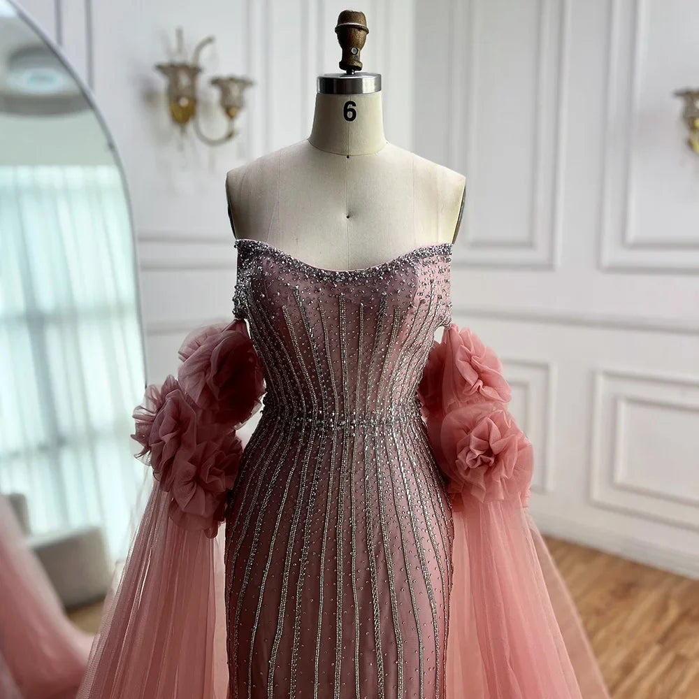 Luxury Pink Beaded Mermaid Arabic Evening Dress with Cape LA73019