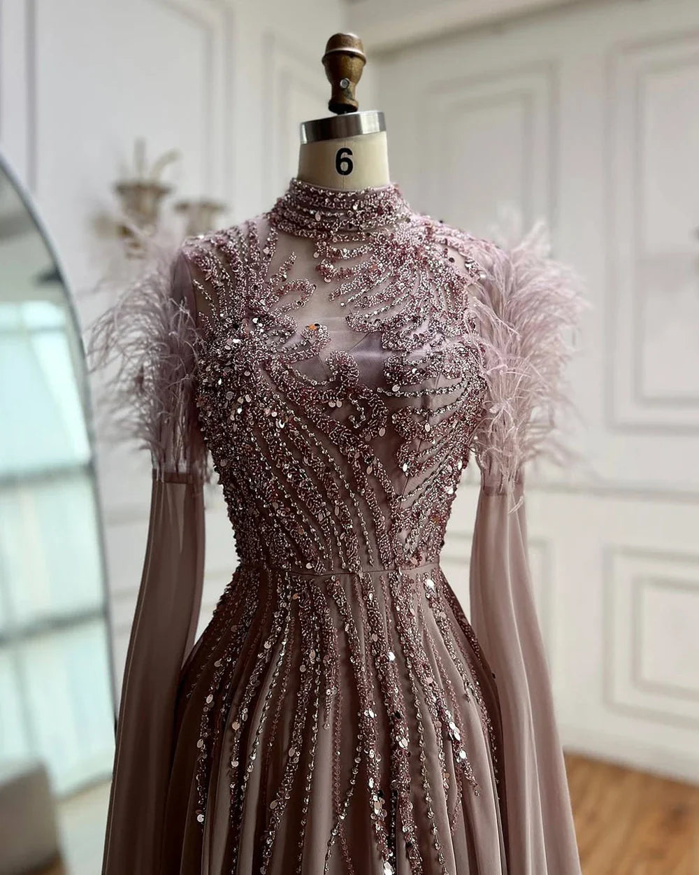 Luxury Pink Feather Beaded Evening Dress with Long Cape Sleeves LA72982